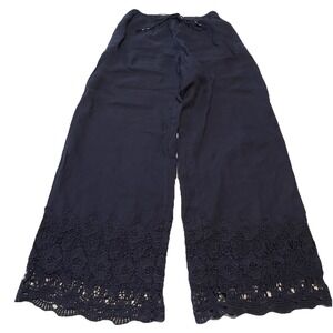 Cynthia Rowley Linen Wide Leg Palazzo Pants Womens Med Navy Embroidered Bohemian